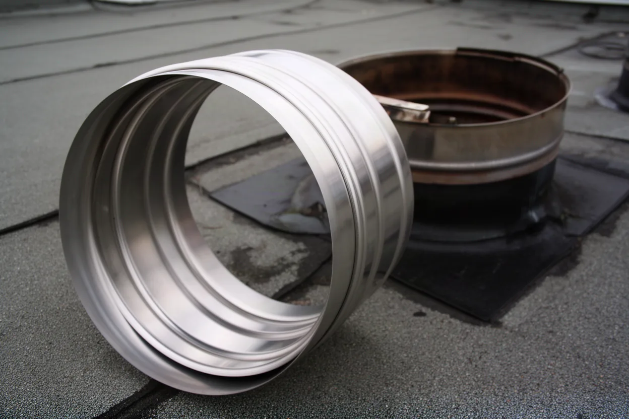 a stainless steel chimney liner uncoiled on a rooftop next to an open flue, muted colors