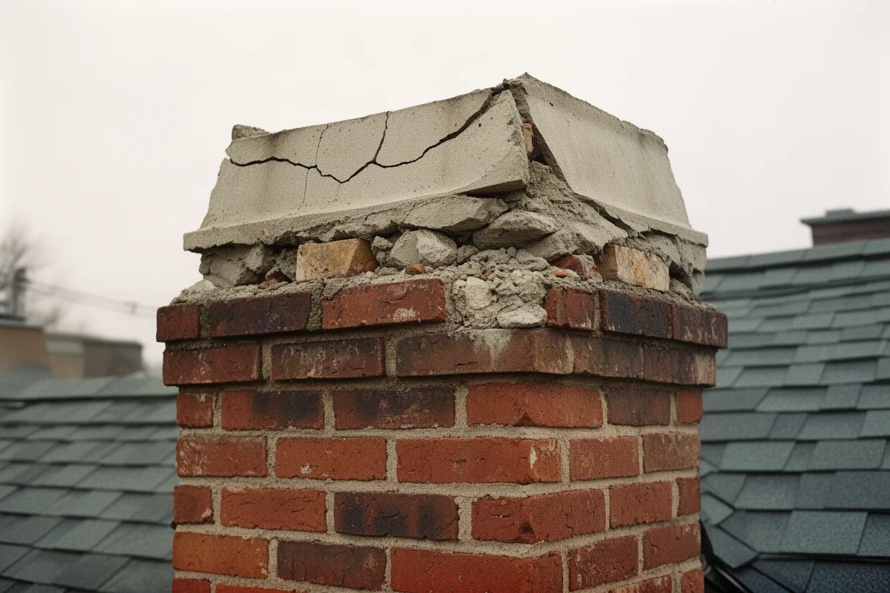 a damaged brick chimney with missing mortar and cracked crown on a rooftop, muted colors