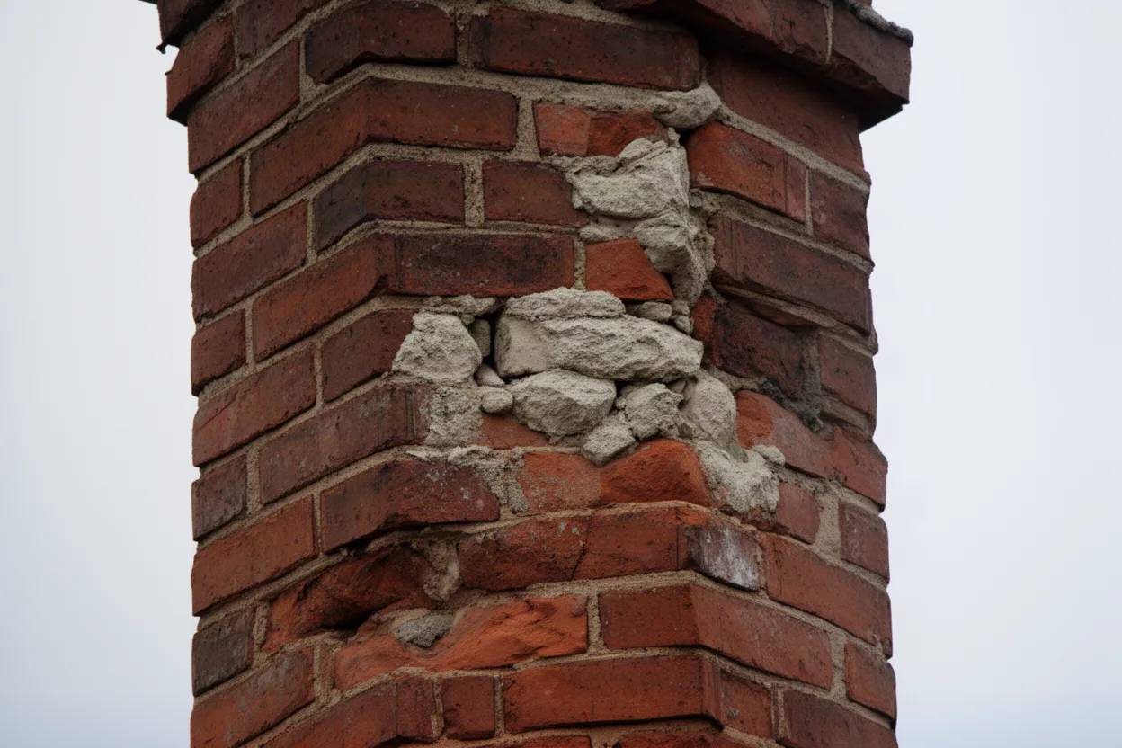 a brick chimney with crumbling mortar joints and spalling bricks, muted colors